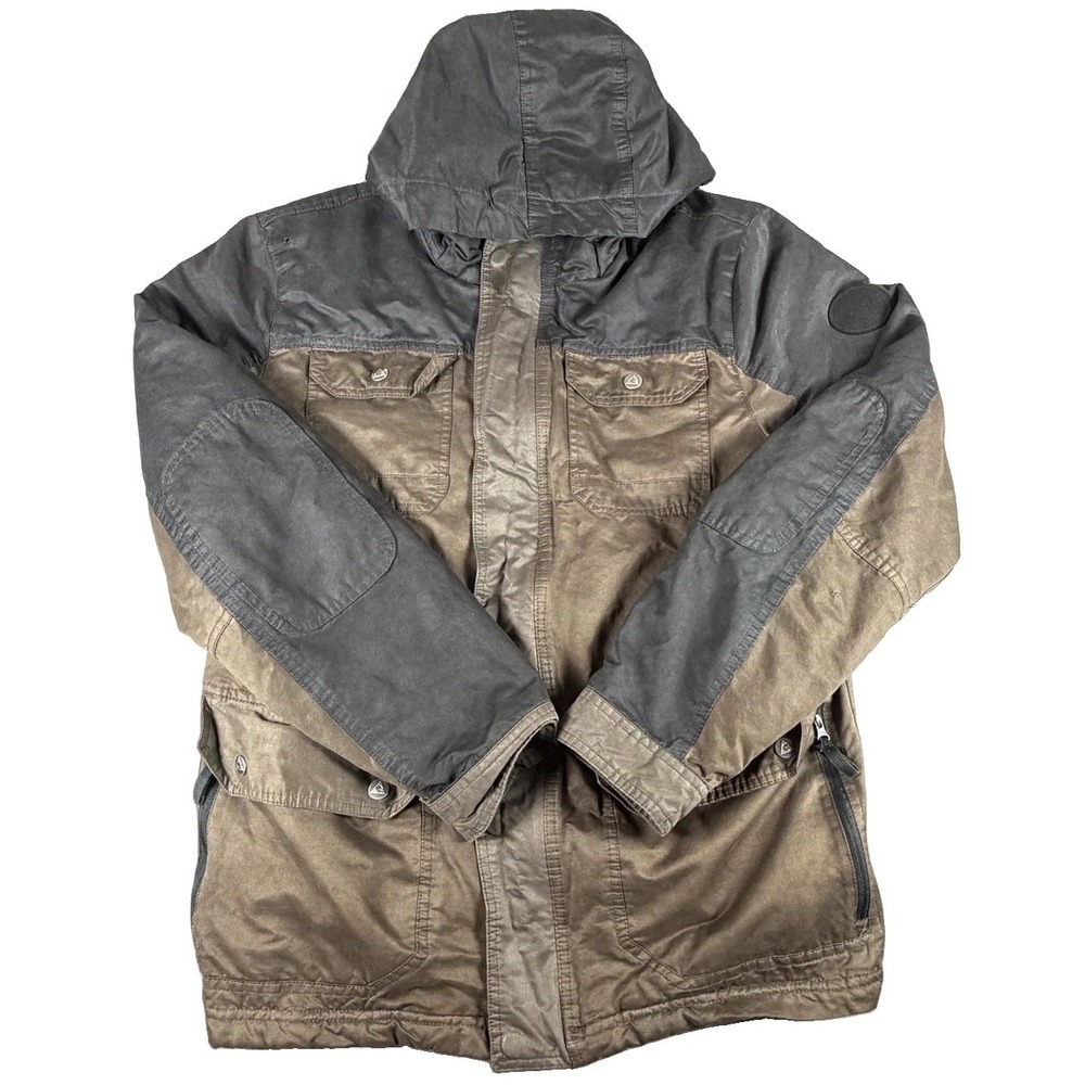 Gerry Coat Mens Small Brown Black Hooded Canvas Parka Full Zip Pockets Winter